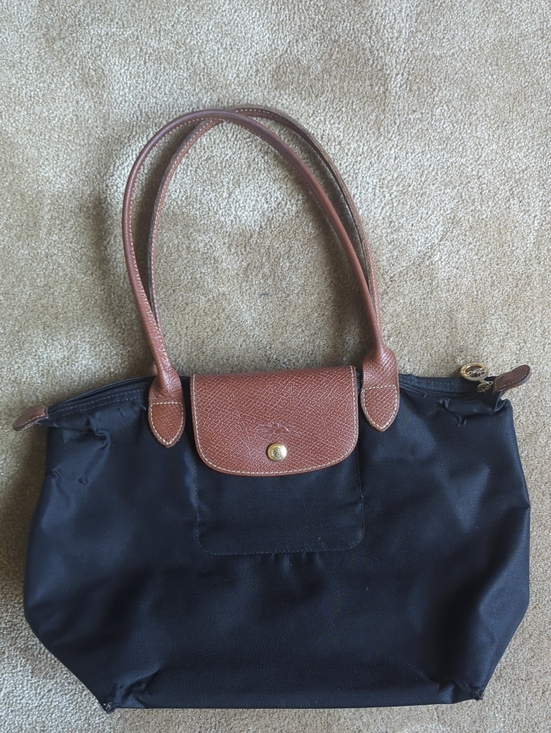 Longchamp Handbags - Classic Black Tote Bag with Brown Trim Longchomp